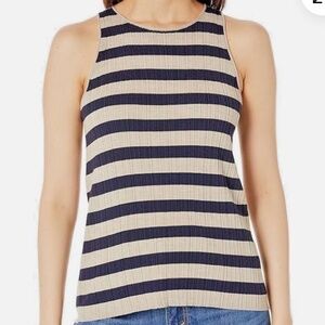 Theory Ribbed Knit Striped Tank Top – Beige & Navy – Size M